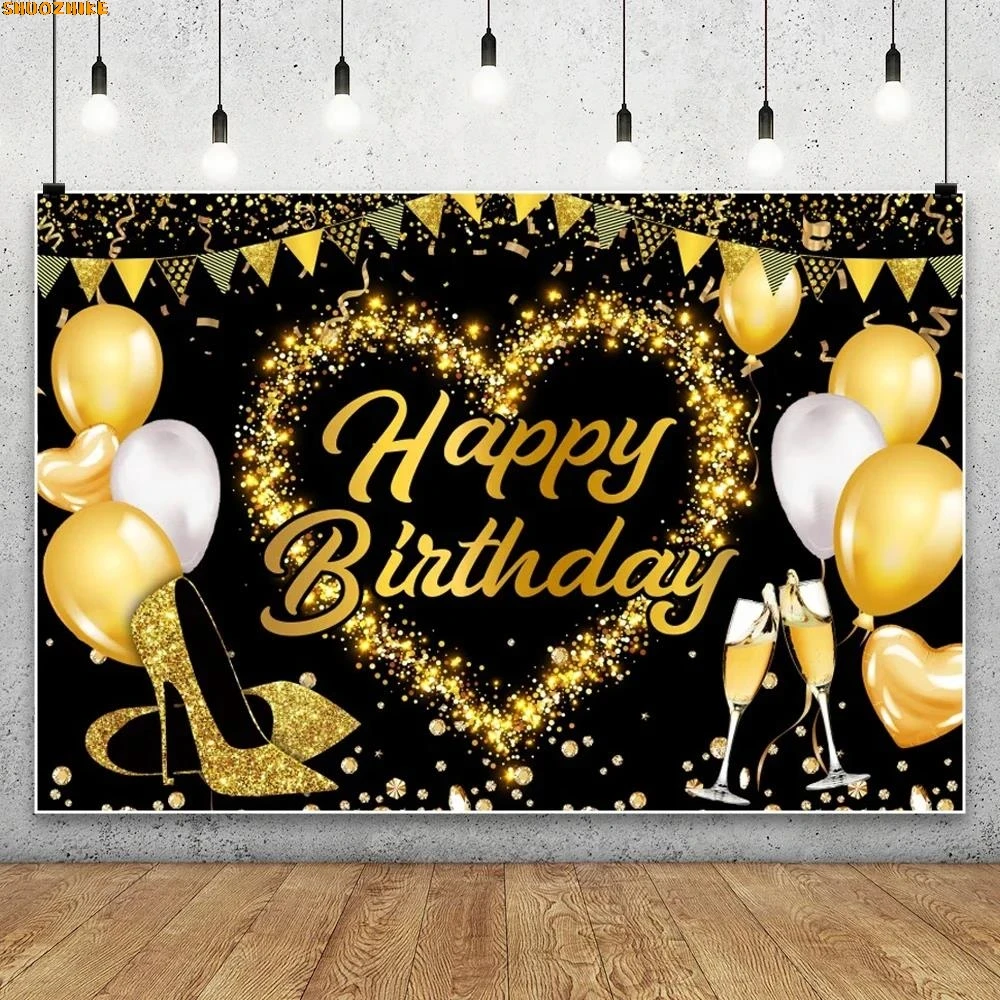 

Black Gold Glitter Balloon Birthday Backdrop for Photography Women Men Adults Birthday Party Photo Background Cake Smash Props