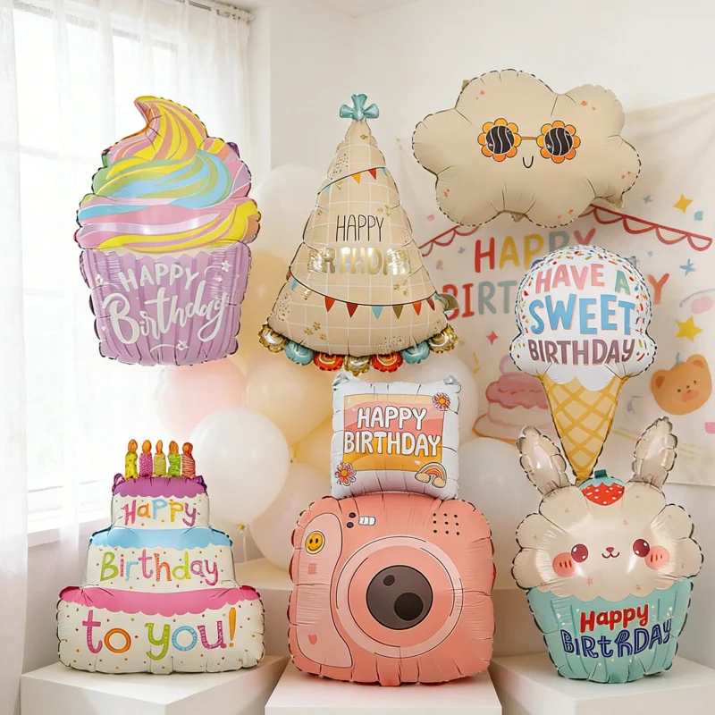 Niedliche Eiscreme-Kuchen-Folienballons, Kamera, Wolke, Kindergeburtstag, Party-Dekoration, Arrangement