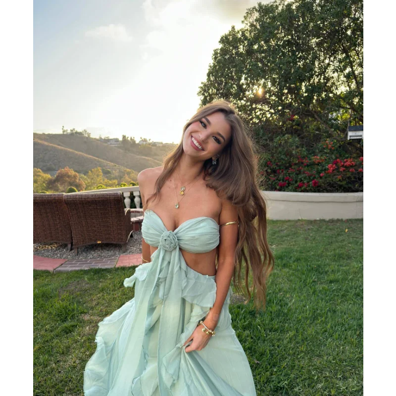 Lunaria 여성 컷 아웃 볼 가운 민소매 넥타이 백 솔리드 컬러 프릴 롱 드레스 여름 파티 드레스