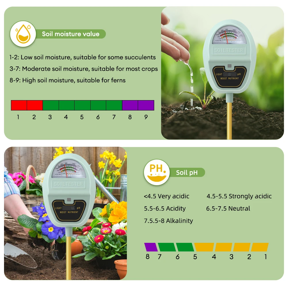 Soil Tester 4 in 1 Humidity Light PH Tester Nutrient Meter 90° Foldable Plant Cultivation Garden Tools for Potting Plant