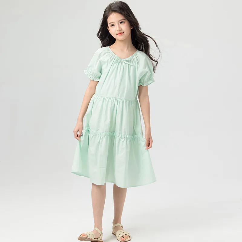 New summer dresses for girls in 2026: cake-style dresses in solid colors for medium and large children 4
