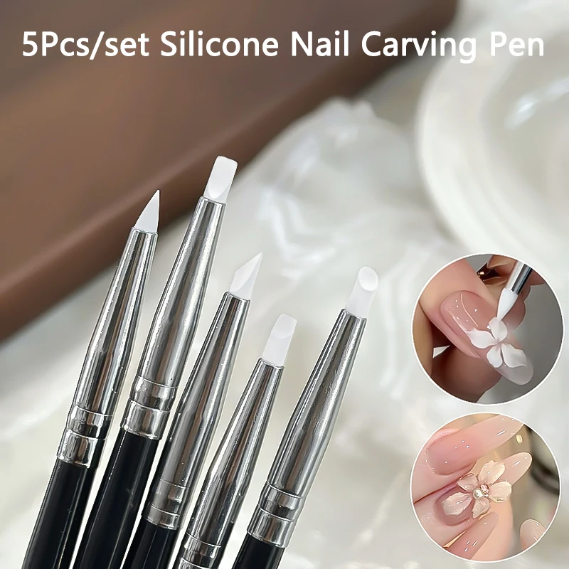 1/5Pcs/set Flexible Silicone Nail Brush UV Gel Polish Tip 5 Different Types Dotting Polish Brushes Pen DIY Manicure Tools