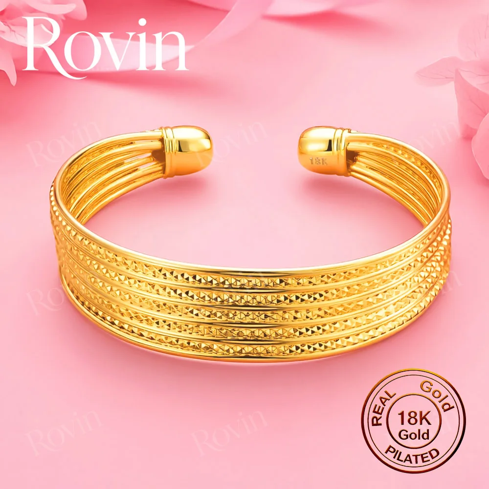 18K Gold Exquisite Multi-Layer Diamond-Cut Open Bangle – A Stylish Accessory for Weddings and Parties