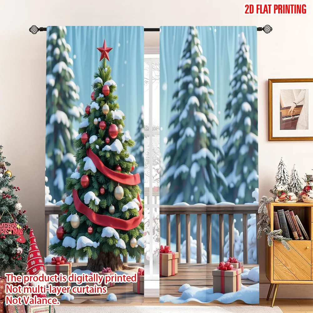 

2pcs 2D flat printing Merry Christmas Popular Window Drapes Christmas Tree Presents Winter 100% Polyester Without Electricity