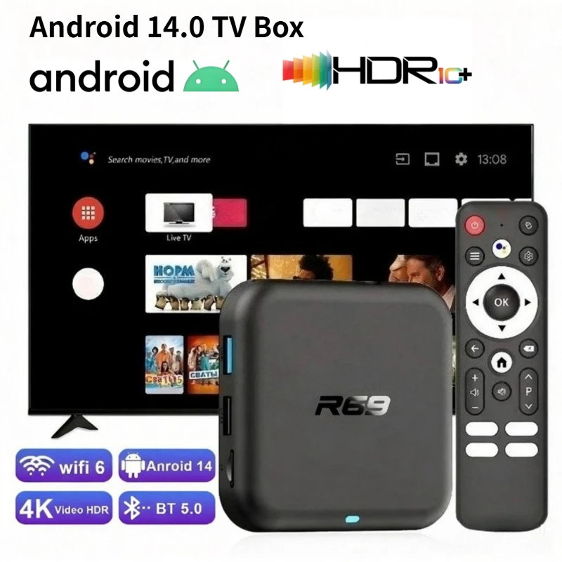 Built In Google Voice 4K High Definition Android 14 Multi Language Streaming Player R69 New Smart TV Set Top Box