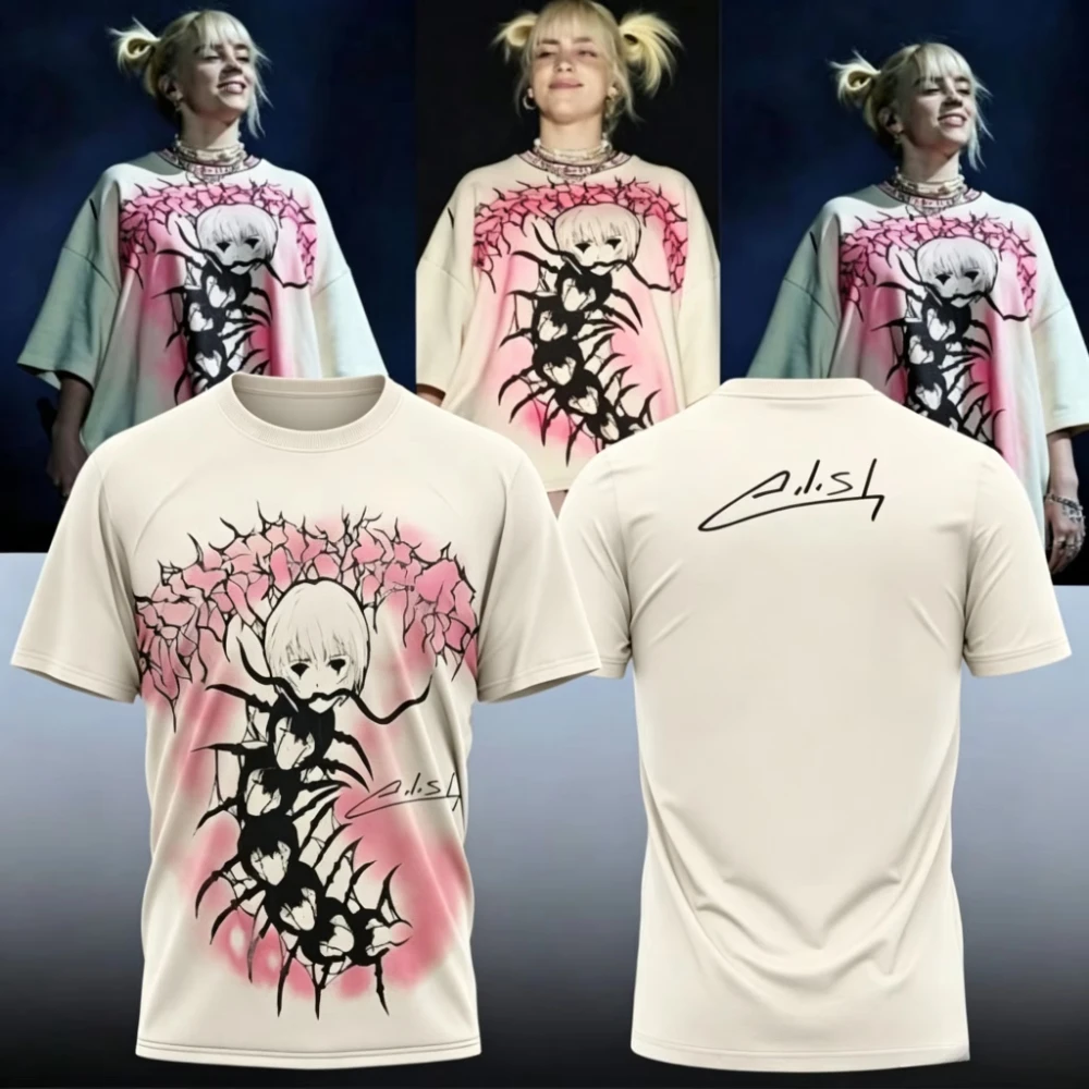 2026 Billie Eilish Anime Portrait Graphic T Shirt Pop Singer Front Back Short Sleeve Crew Neck Cotton Tee Family Y2K Unisex Top