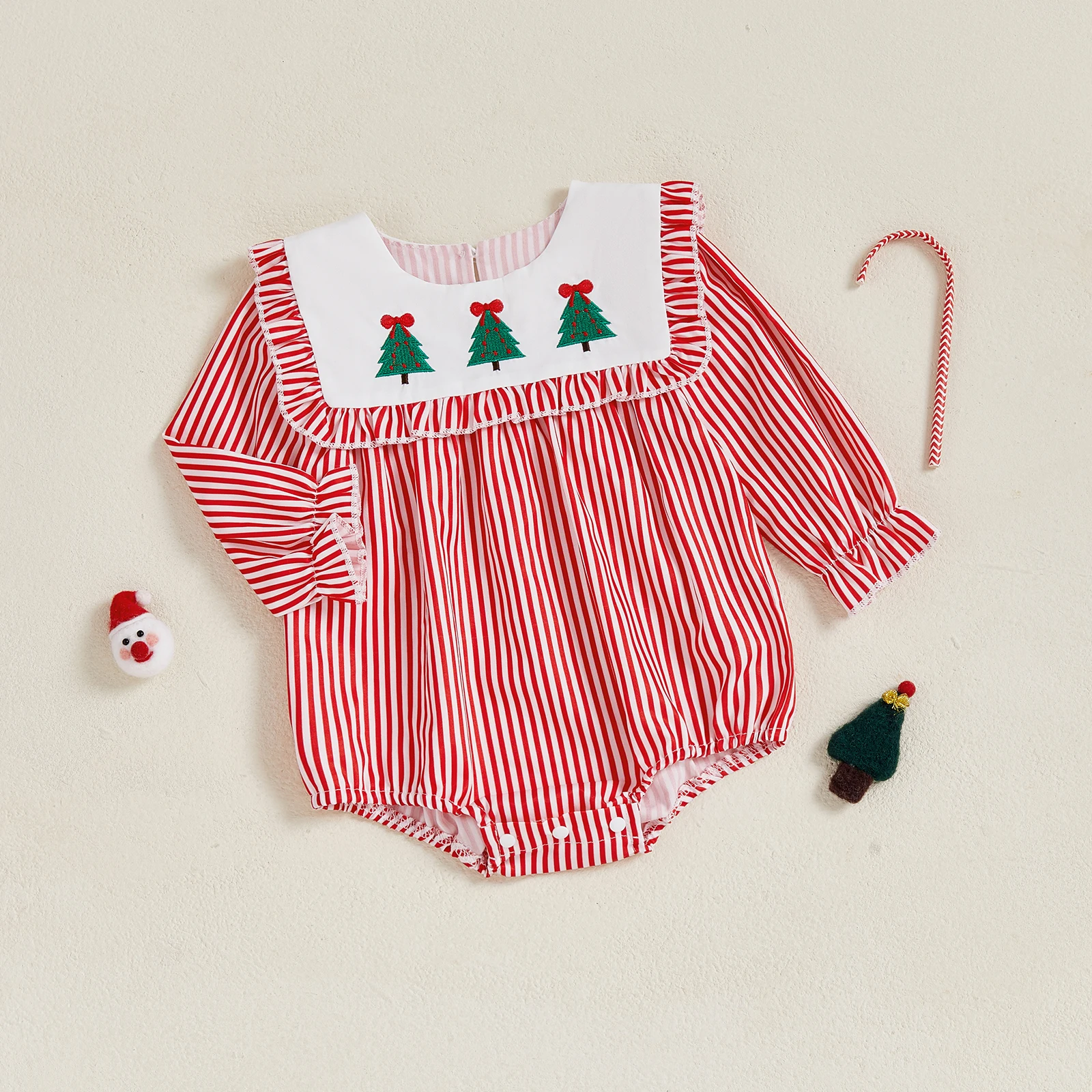 Newborn Baby Girl Christmas Outfit Striped Bubble Romper Xmas Tree Bodysuit Cute Smocked Xmas Clothes