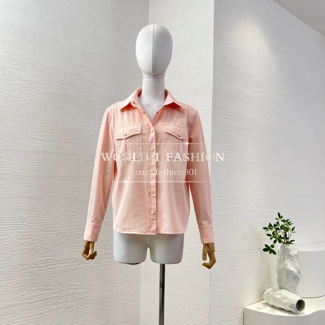 

2025 High Quality Pink Long Sleeve Jeans Blouse Tops and Waist Midi Skirt Set