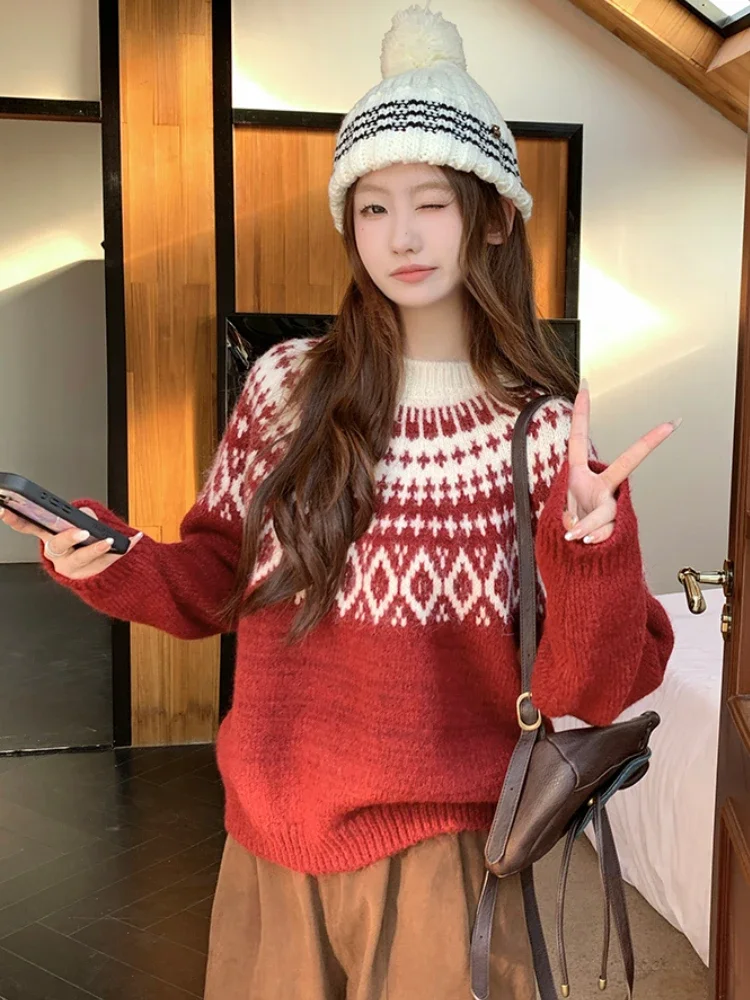 4 Colors O-neck Pullovers Women Casual Warm Print Soft Autumn Winter Christmas Sweaters Aesthetic Fashion Girls European Style