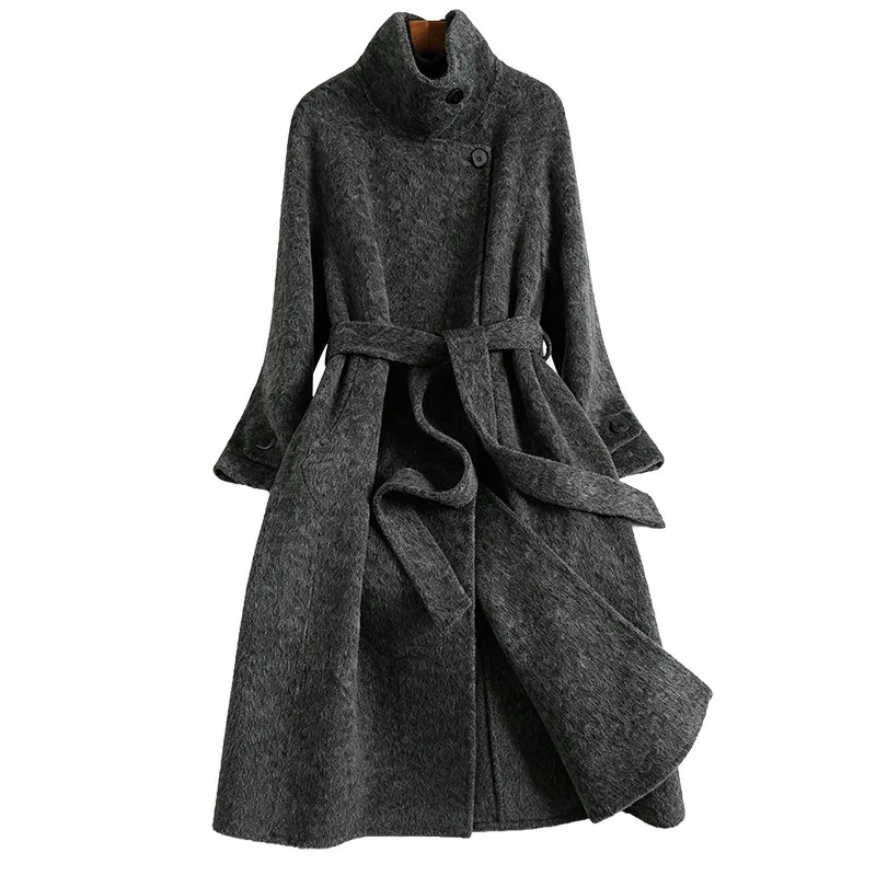 2026 Fashion Double-sided Wool Coat Women's Long Cashmere Overcoat Autumn Winter Sashes Slim Jackets Streetwear Casual Outerwear