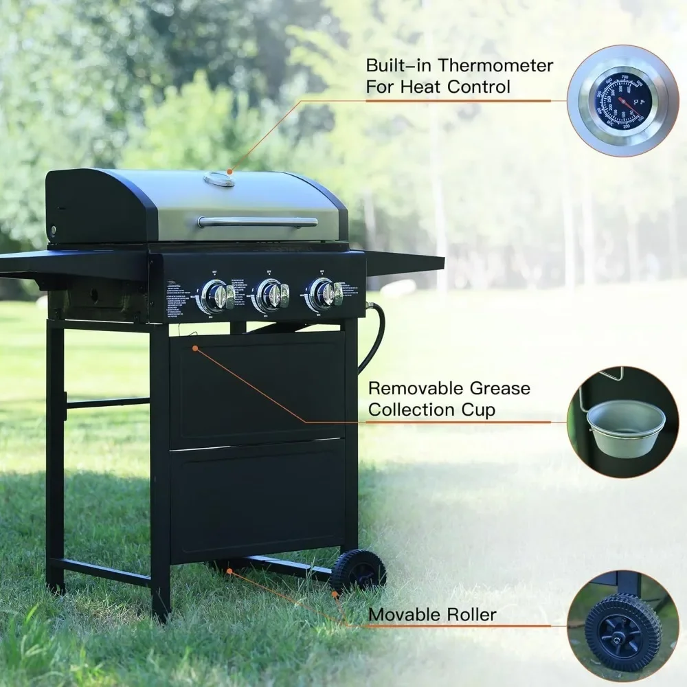 Gas Grill Outdoor 3-Burner Propane Grill, Gas Grill, 30000 BTU Barbecue Grill with Foldable Rack  Outdoor BBQ Grills