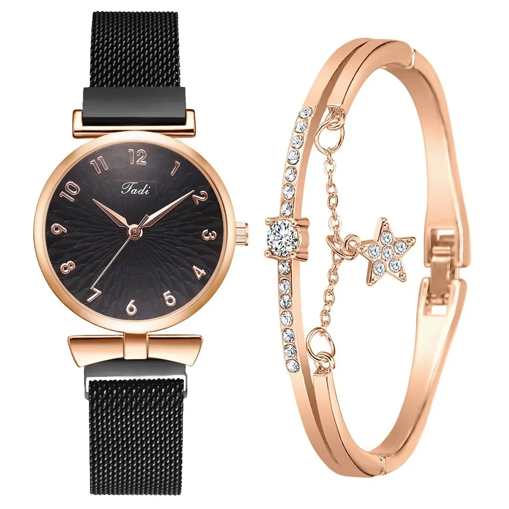 2pcs Ladies Quartz Wristwatches Star Crystal  Rose Gold Woman Bracelet Watch Set