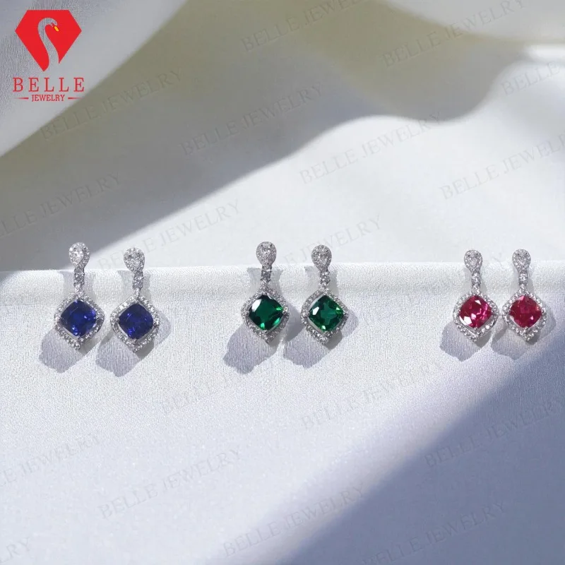 

1.8-2.7CT Custom Earrings for Women Chubby Square Ruby/Sapphire/Colombian Emerald S925 Silver High-End Christmas Gift