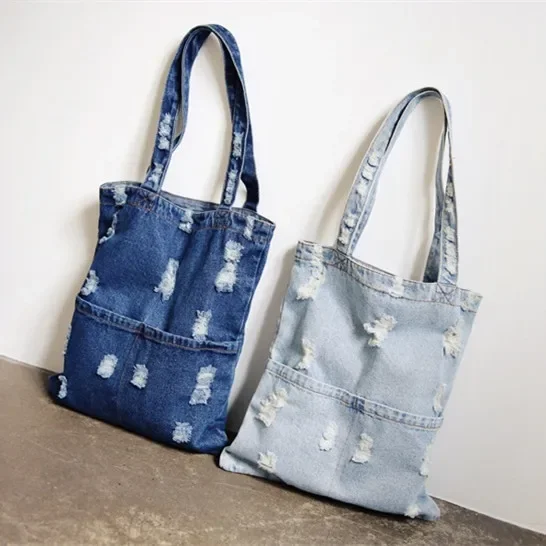 Double Shoulder Strap Shopping Bag Simple Portable Washable Denim Perforated Single Shoulder Bag