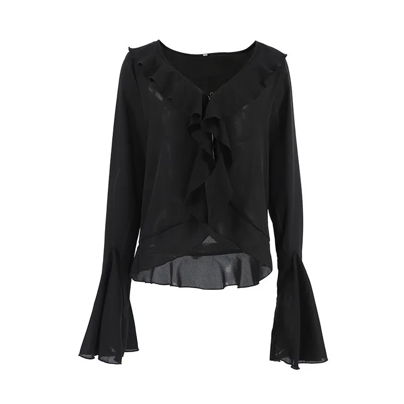 

Black Sexy Perspective Chiffon Shirts Women Flare Sleeve V-neck Ruffle Tops Sunwear 2024 Summer High Street Blouse Tops