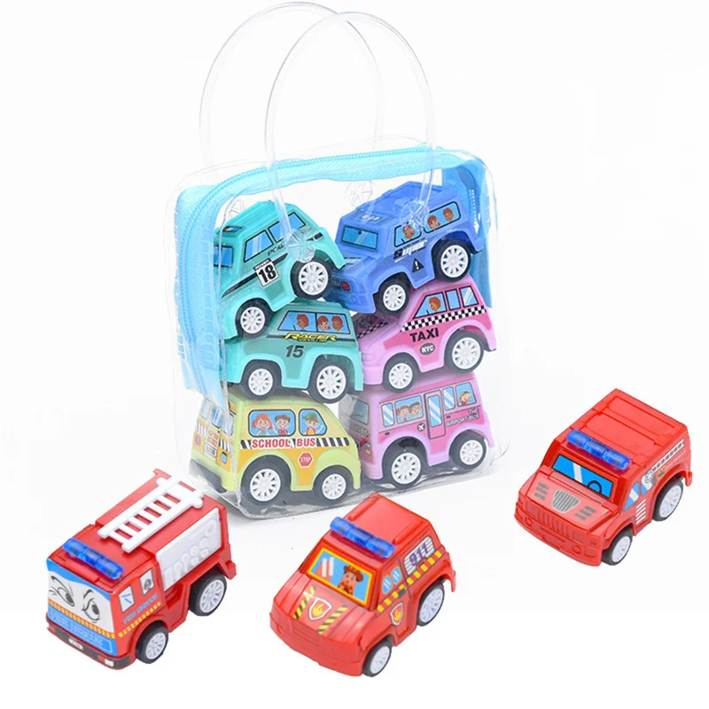 Mini coche de juguete divertido para niños, modelo de plástico, autobús de dibujos animados, camión de bomberos, vehículo de ingeniería, regalo, novedad, 6 piezas por lote