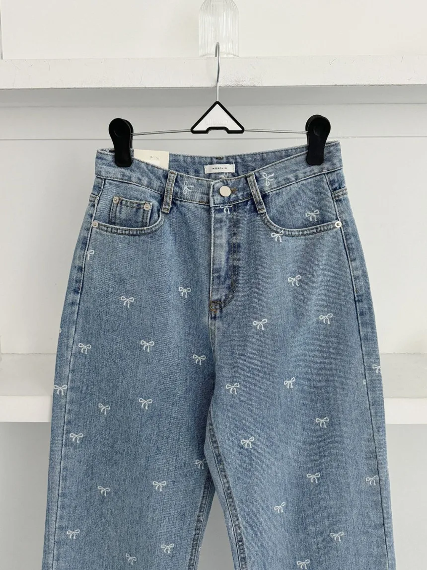 High Waisted Women Denim Jeans 2024 Autumn Bow Embroidered Wide Leg Straight Full-length Pants Trousers Korean Fashion Chic Jean