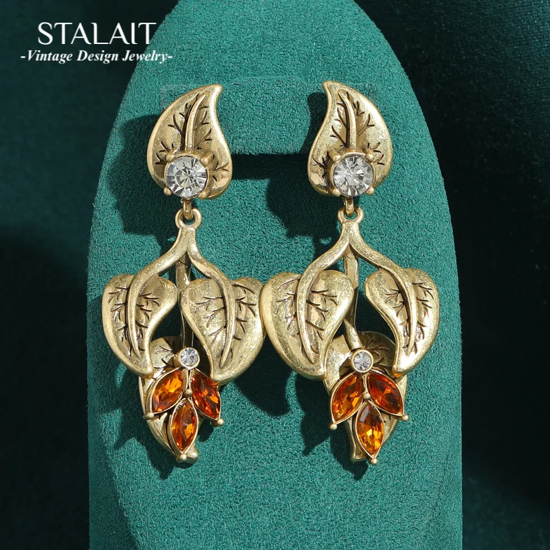 

Vintage Orange Crystal Drop Earrings Antique Gold Color Ginkgo Leaf Luxury Designer Jewelry 2025 Wedding Accessories For Women