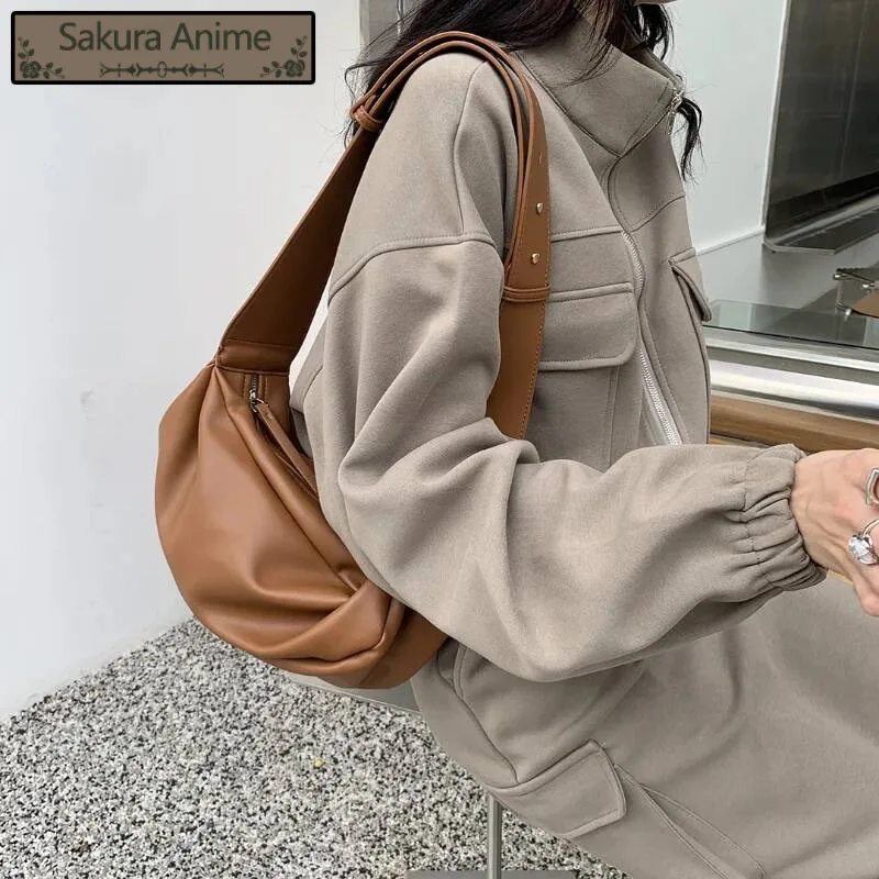 y2k-美学カジュアルシンプルなソリッドレディースハンドバッグヴィンテージエレガントなワイドストラップショルダーバッグ-pu-レザーオフィスレディ脇の下バッグ