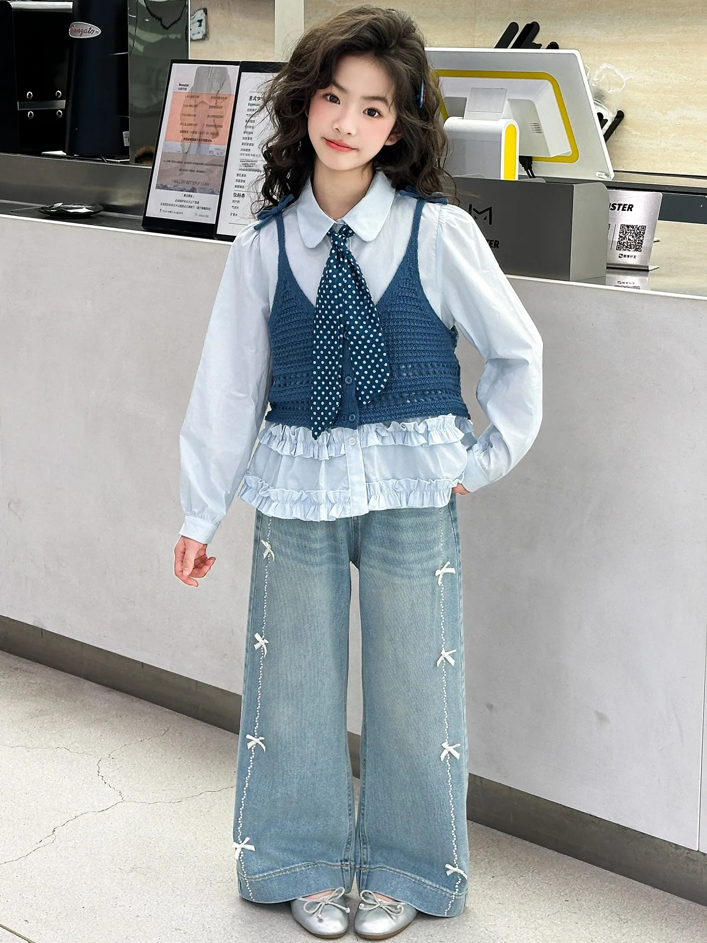 

Girls Casual Faionable Spring Autumn Tee-piece Set Korean Sle irt Vest Jeans Children's Clothing Breathable Long Sve