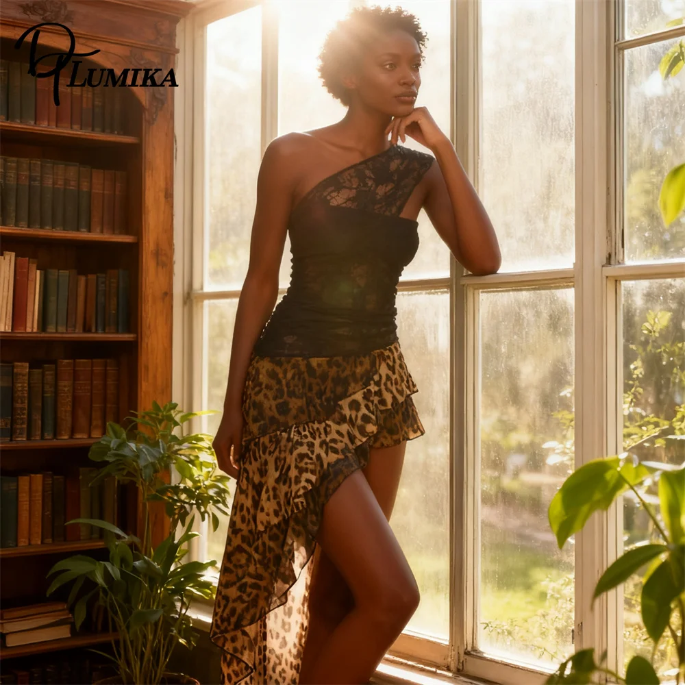 فستان DTLumika Leopard بكتف واحد للنساء، فساتين ماكسي من الدانتيل الأسود غير المتماثل للنساء، فستان كوكتيل شعبي للحفلات الراقصة #3