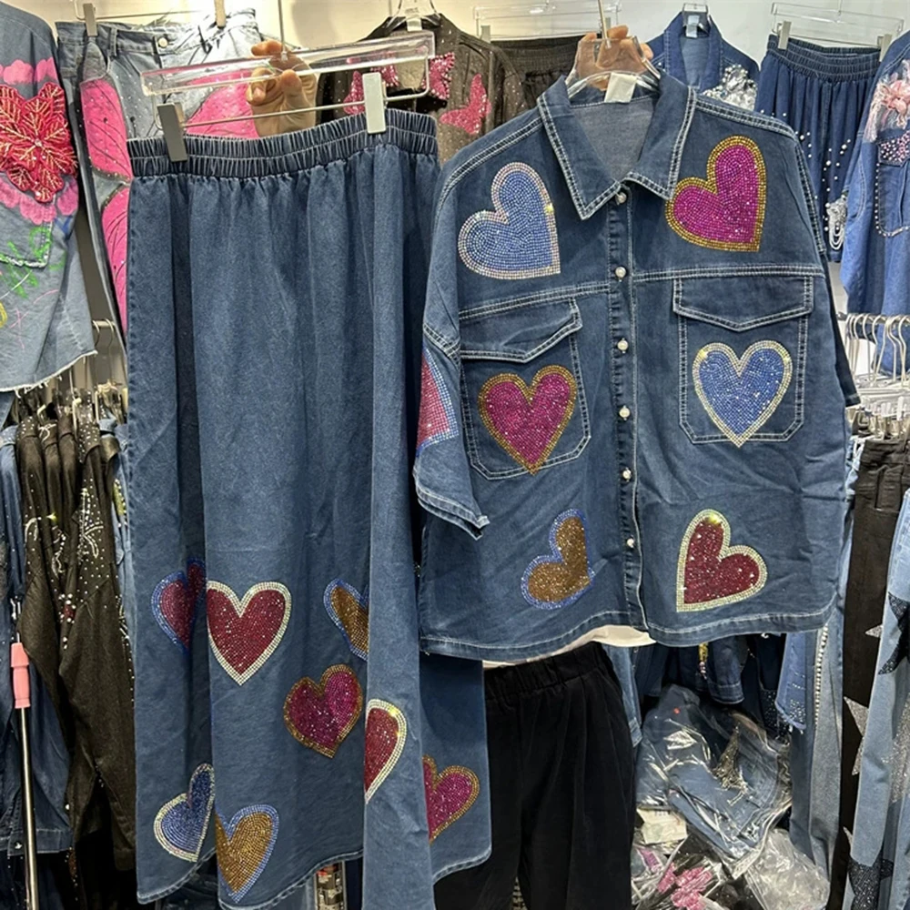 Camisa vaquera holgada con corazón de amor + falda vaquera con cintura elástica y diamantes de imitación, conjunto de dos piezas-GZTZ093