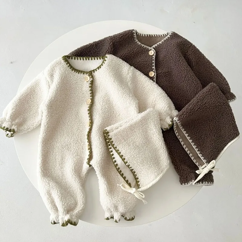 ZOETOPKID Baby Jumpsuit with Velvet in Autumn and Winter Warm Baby Boy's One Piece Clothes Girl's Climbing Clothes with Hat