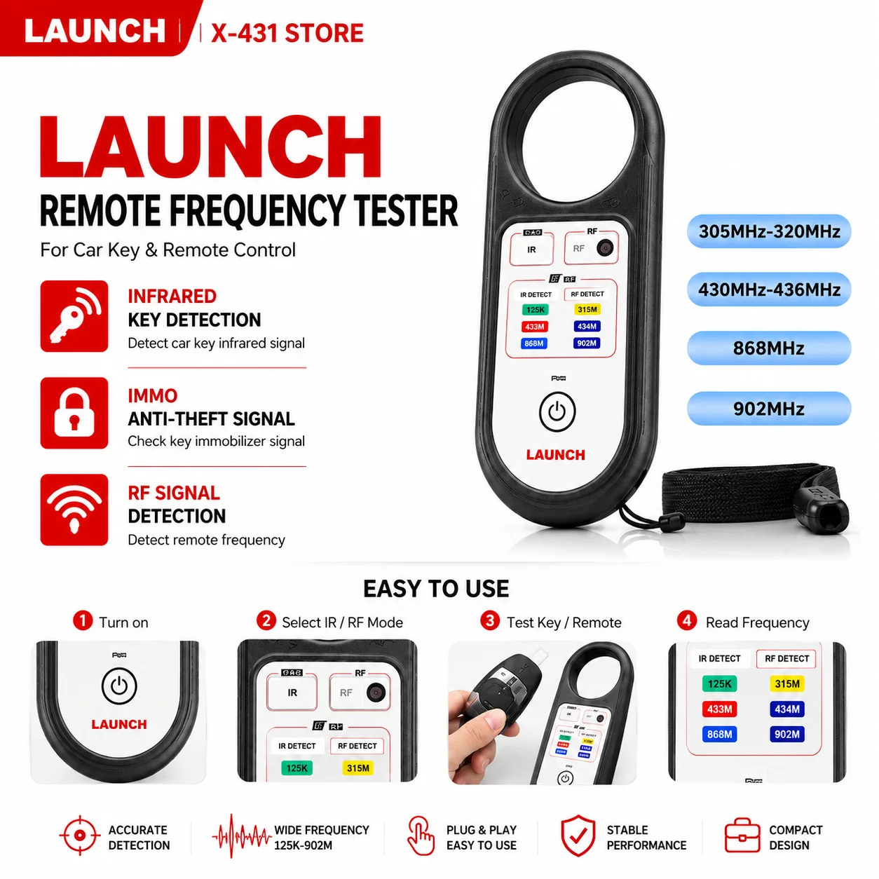 LAUNCH Remote Frequency Tester 315MHz 434MHz 868MHz 902MHz Infrared Key Signal Detection Car Key Fob Anti-Theft IMMO Signal Test
