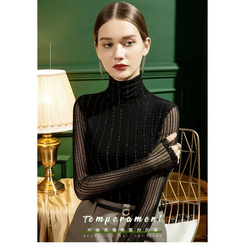 

Autumn New High-neck Mesh Bottoming Shirt for Women Plaid Silk Sexy Stacked Collar Lace Top