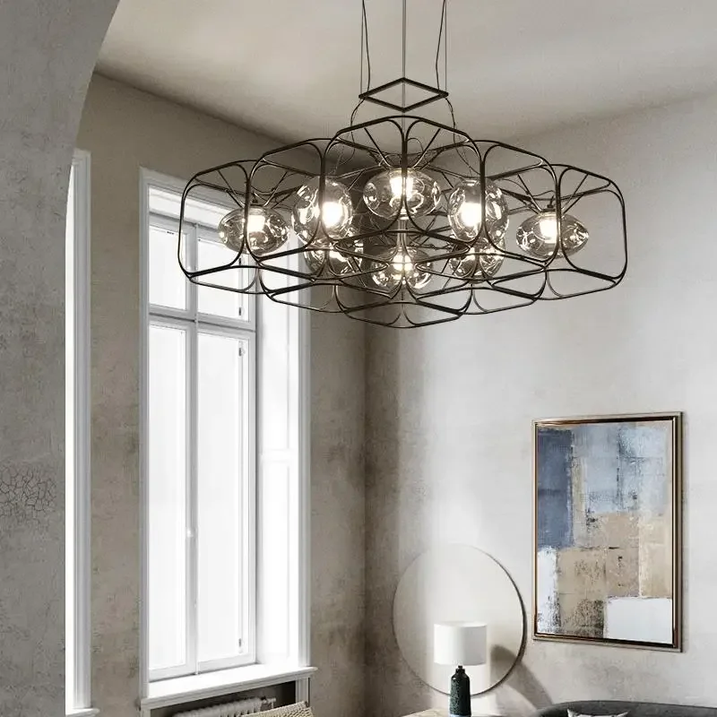 

MZISOSOD for Industrial Style Geometric Metal Frame LED Chandelier Modern Tetris Black Iron Pendant Light for Kitchen Island