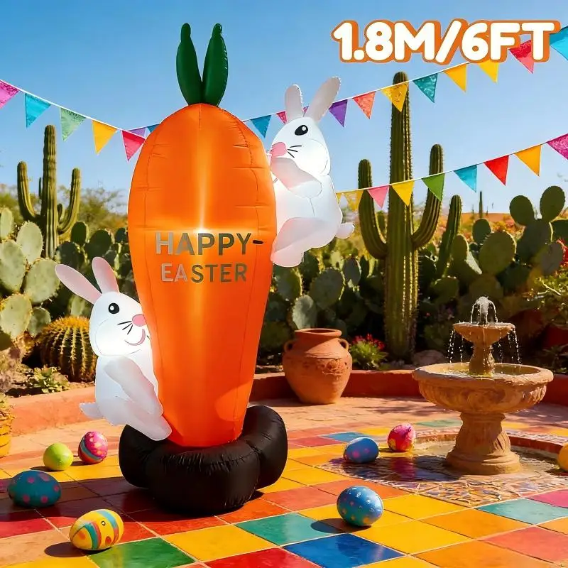 

6FT Outdoor Holiday Decorations Happy Easter Inflatable Rabbit Holding Oversized Carrot LED Lights Decorations Easter Inflatable