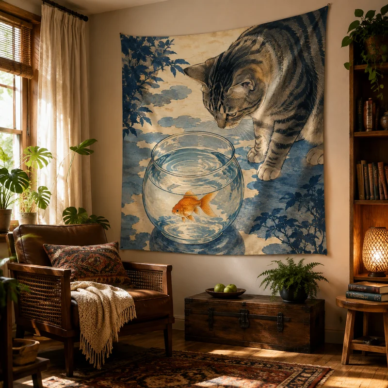 VIKAMA Wabi-Sabi-Style Wall Hanging: Tabby Cat Gazing at a Goldfish Bowl—Wall Decor for a Teen Girl’s Bedroom