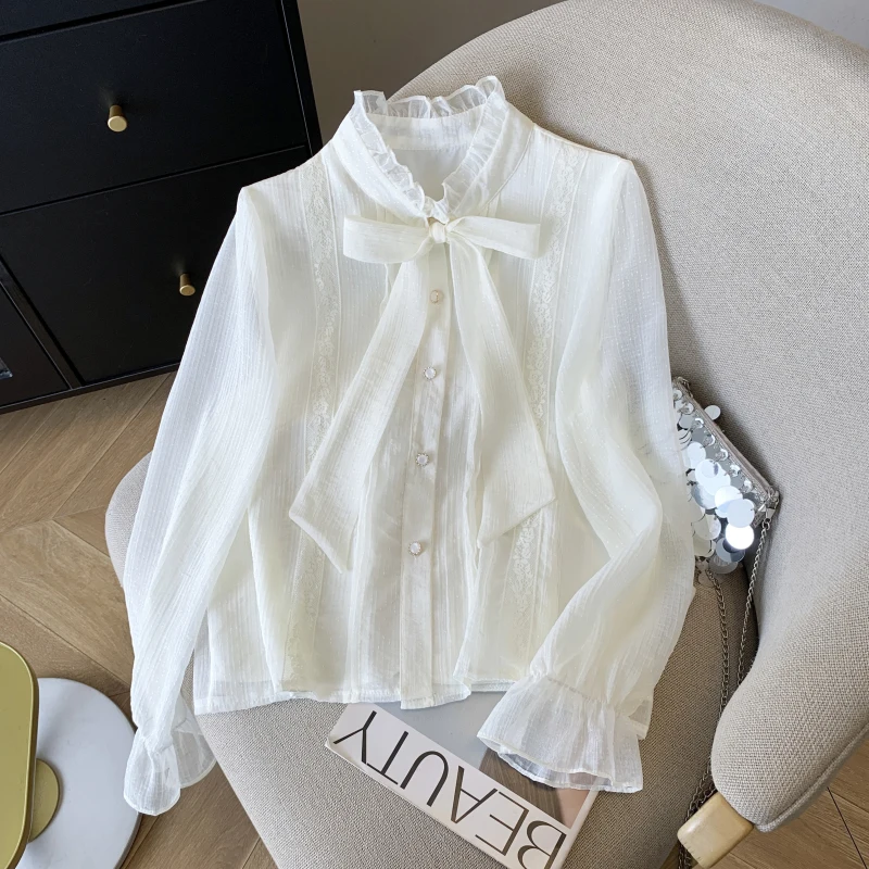 

Elegant Long Sleeve Loose Fit Stand Collar Women's Shirt Knot Wooden Spring Fashion Slimming Top