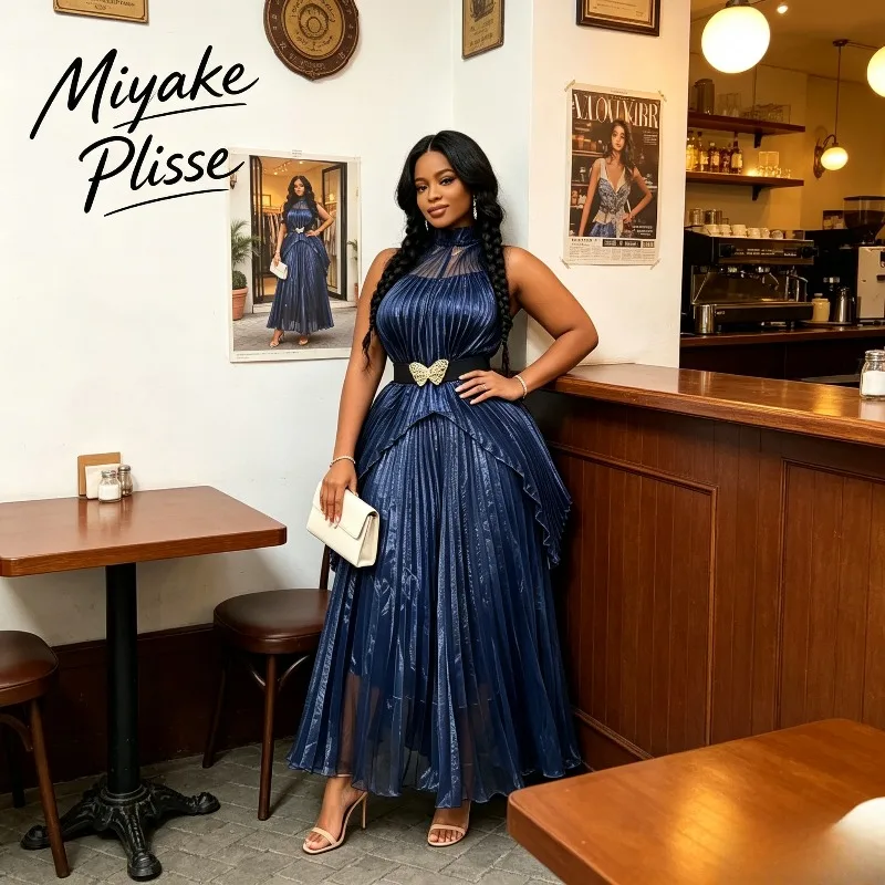 Miyake Pleated 2026 Spring New Plus Size Women's Casual French Style Camisole Lined Organza Irregular Pleated Layered Skirt Set