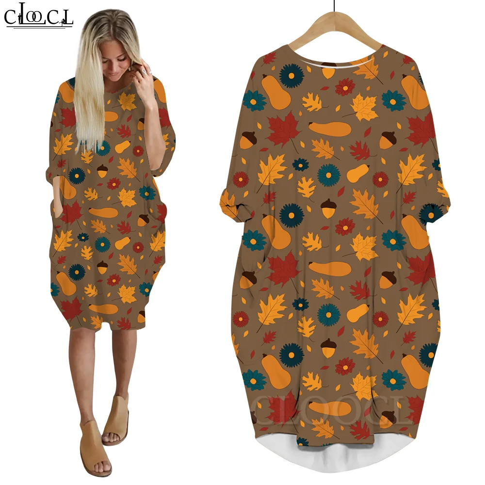 

CLOOCL Dress for Thanksgiving Day Fashion Casual Party Evening Dresses Daisy Fruit Leaf Print Long Sleeve Vestidos De Mujer