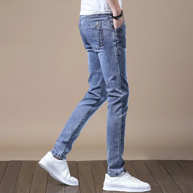 

Blue Slim Fit Men's Jeans Elastic Youthful Trendy Spring New Sle Denim Pants mid Waist ket Water Waed Cotton P...