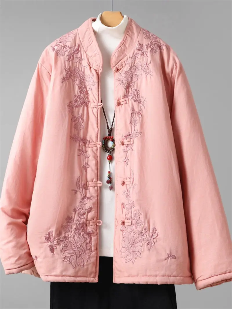 

Chinese Style Retro Buttoned Embroidered Cotton Jacket Fashionable Stand Up Collar Long Sleeved Cardigan Top Ethnic Jacket A427
