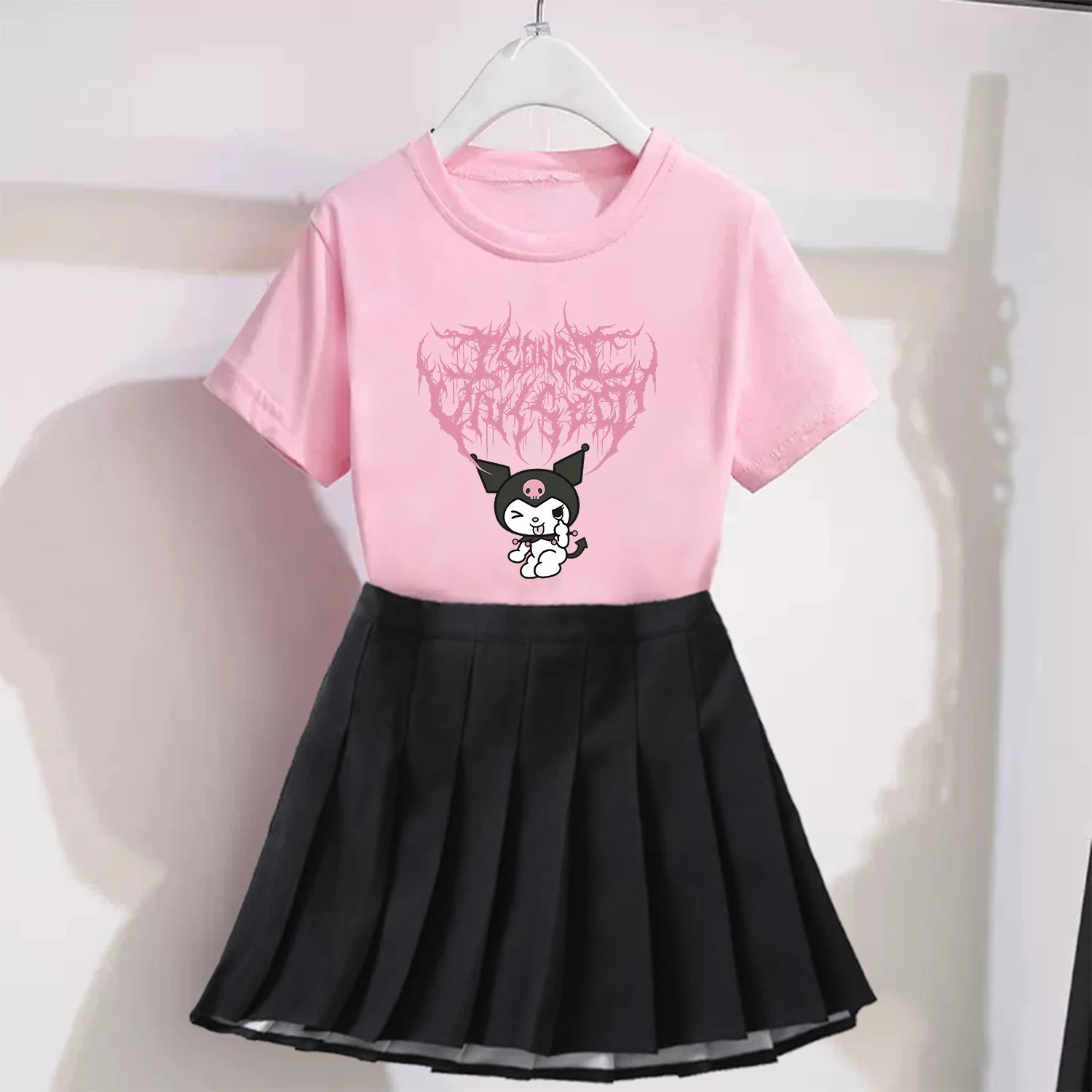 Kuromi T-shirt Pleated Skirt Set for Girls Cute Sanrio Cartoon Clothes Skirt 2pcs Suit Fashion School Spirit Clothing Kids Gift