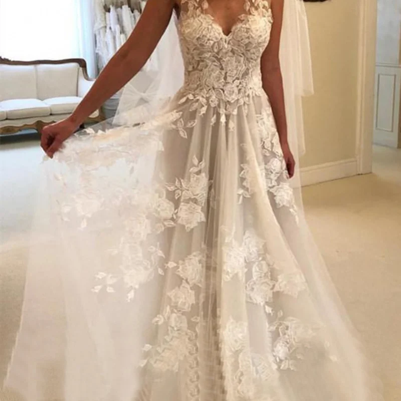 Foreign Trade Wedding Dress2024New Deep ShouldersVCollar Slim-Fit Slimming Lace Sexy Raglan Sleeve Trailing Wedding Dress