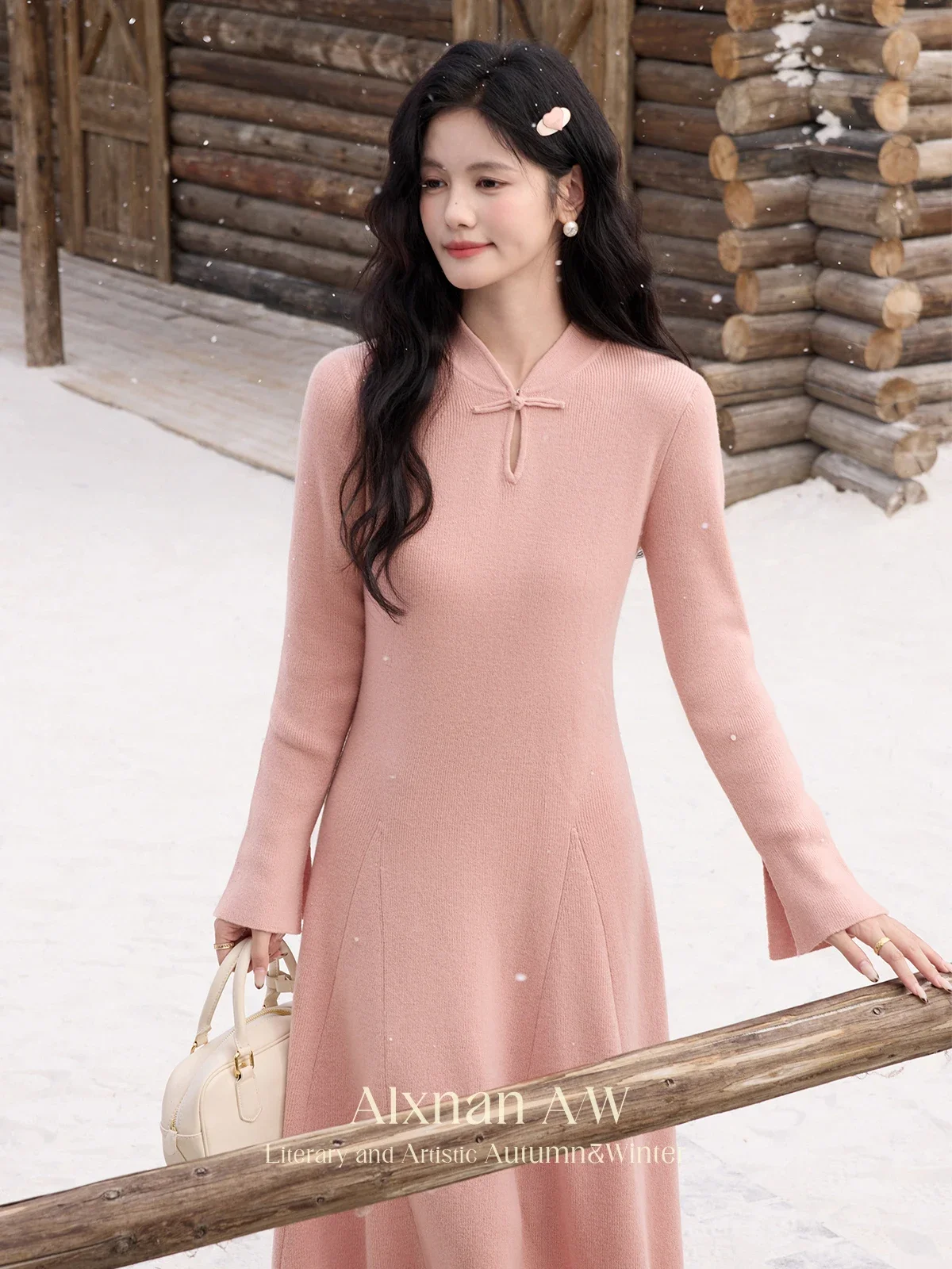 

ALXNAN Women Knitted Dresses Chinese Style Mandarin Collar Long Sleeve Knot Button Long Dress Winter Warm Female Clothing L52360