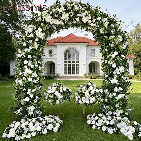 Romantic White Rose Eucalyptus leaves 5D Flower Row Flower ball Wedding Arch Decor Floral Arangement Frame Event Props Display