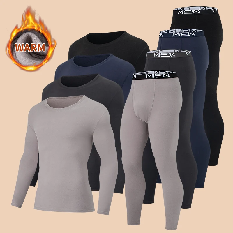 

2piece Autumn/Winter Men's Brushed Thick Thermal Underwear Set Casual Solid Color Plus Size Long Sleeved Top and Pants Home Wear