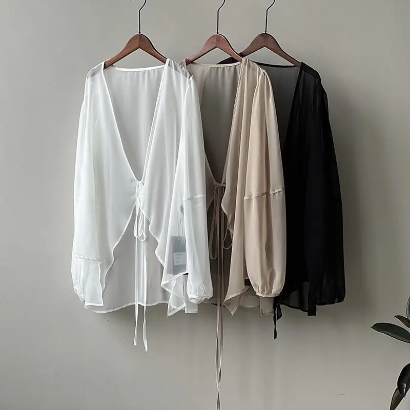 

Shirts Women V-neck Loose Long Sleeve Open Stitch Korean Style Lace-up Simple Solid Summer Chiffon Breathable Minimalist Stylish