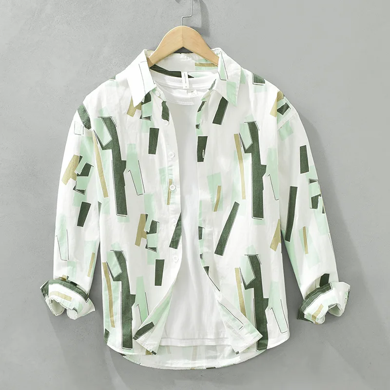 

Geometric Print Long Sve Cotton irt Men's Autumn Vintage Design Color Blo Casual irt American Sle Loose Fit Youth ...