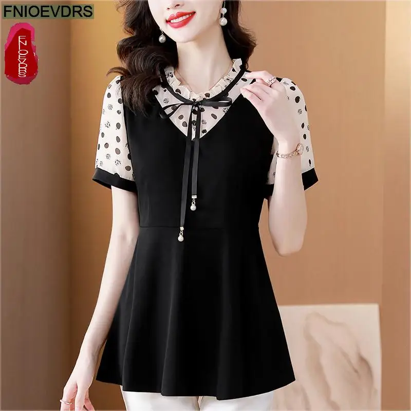 M5XL Loose Clothes 2024 Women Summer Short Sleeve Elegant Ruffles Shirts Casual Retro Tunic Peplum Bow Tops And Blouses