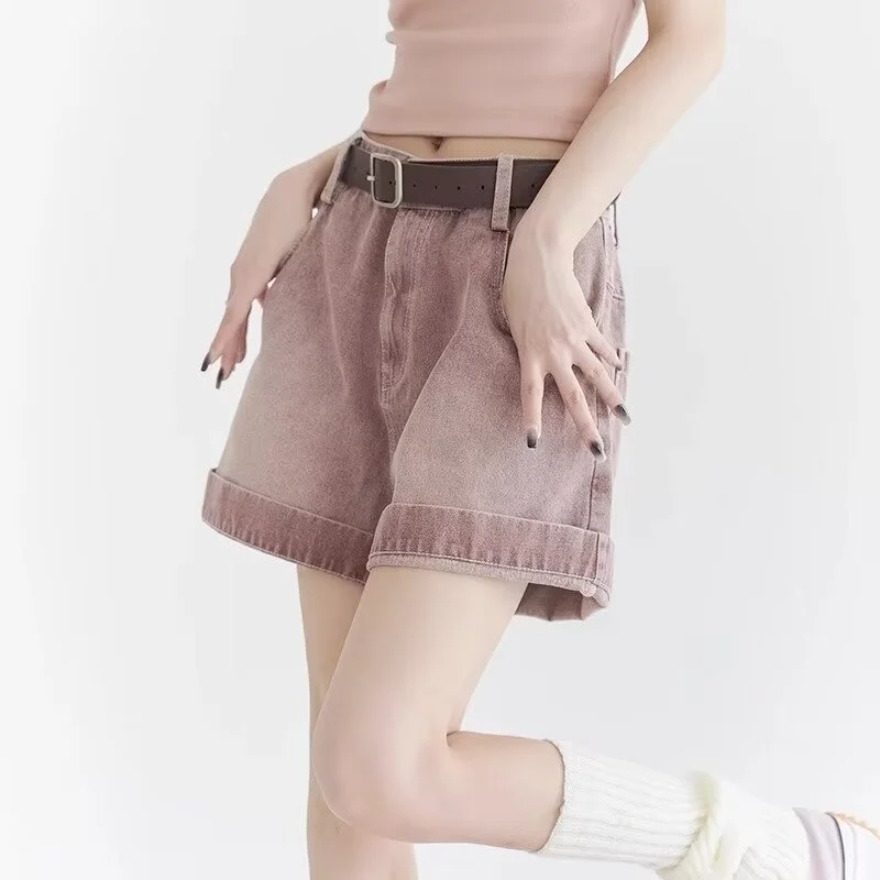 

Джинсовые шорты с высокой талией, женские летние тонкие стильные брюки, красный дизайн, известные в Интернете, широкие шорты А-силуэта для уличных девушек