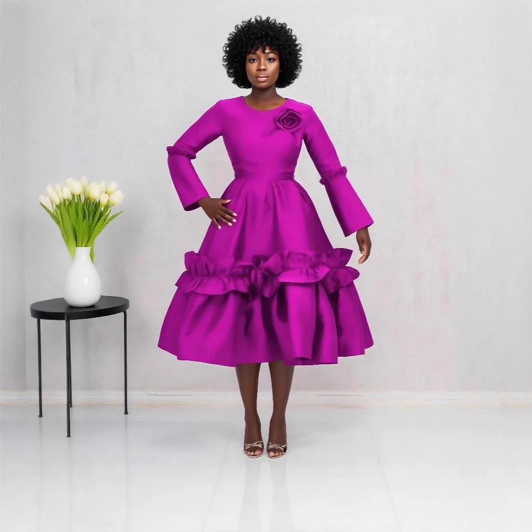 

Plus Size Women's Clothing Purple Red Three-dimensional Flower Flared Sleeve Dress Ruffled Elegant Evening Gown Casual Y2k