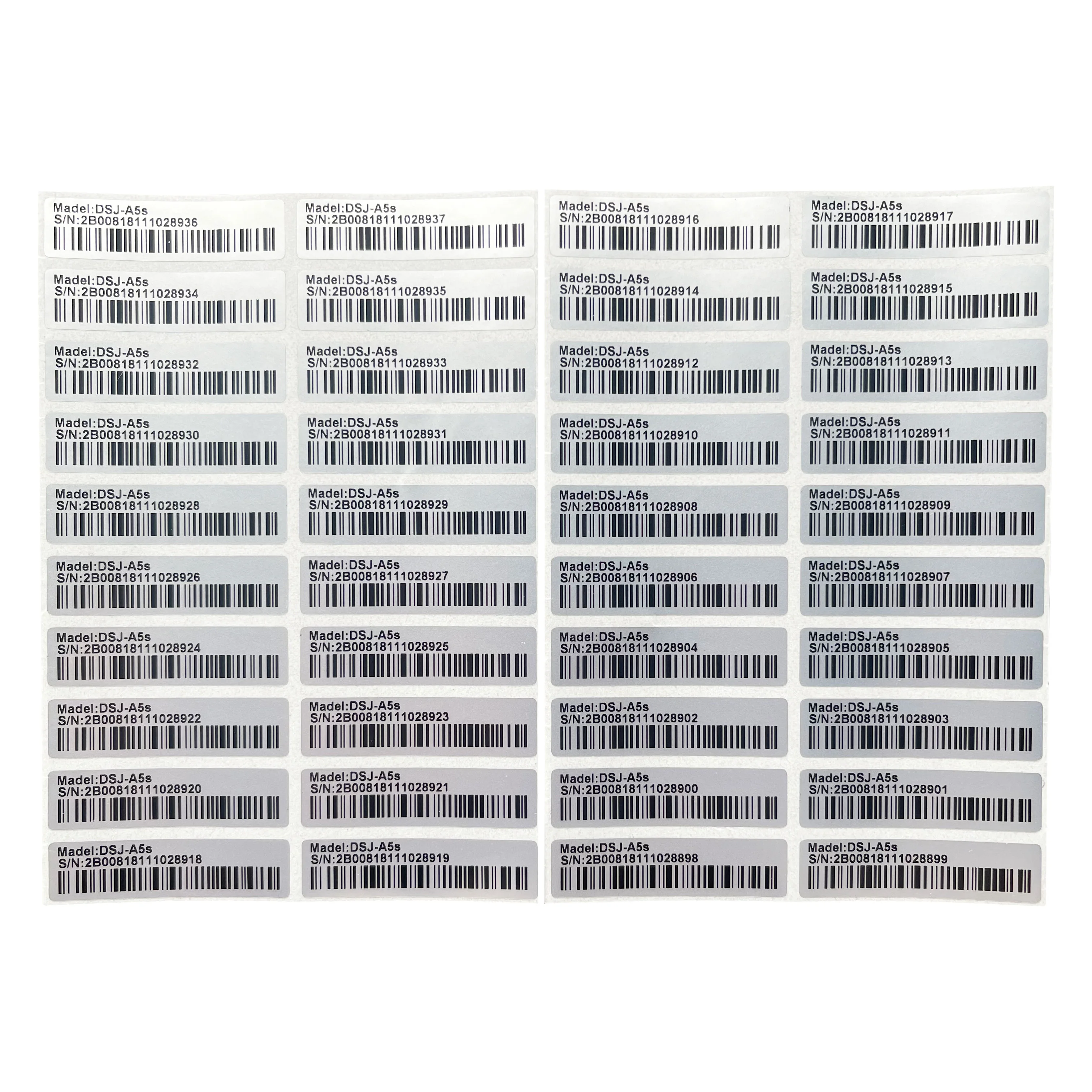 100PCS/ product packaging label Pre-printed Barcode 128 label Matte Silver PET No repeat numbering no fading Size 40X10mm