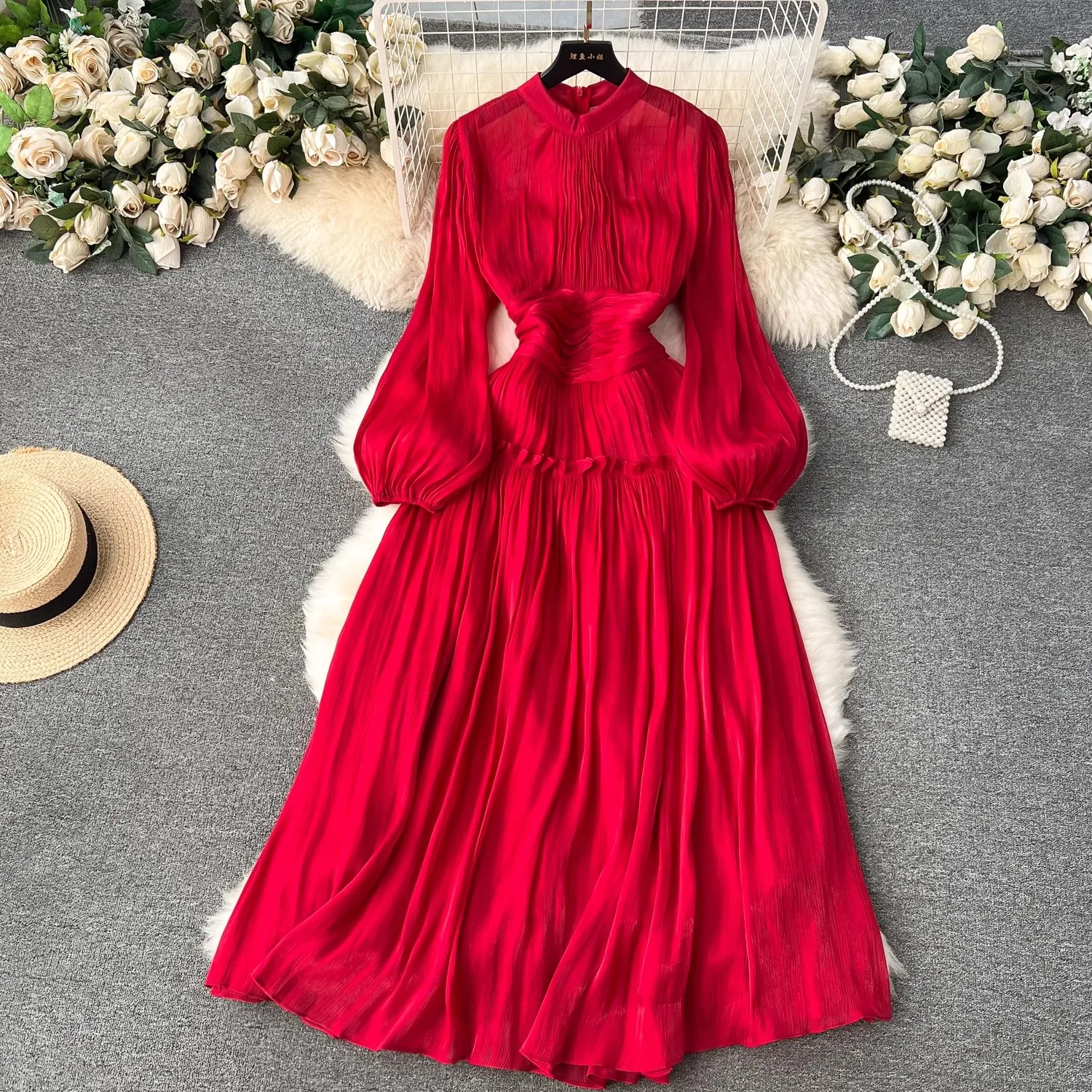 High Quality New Luxury Women Spring Summer Folds Wedding Formal Stand Collar Puff Sleeve Shine Casual Holiday Party Dresses