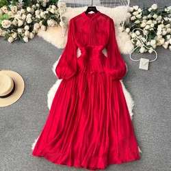 High Quality New Luxury Women Spring Summer Folds Wedding Formal Stand Collar Puff Sleeve Shine Casual Holiday Party Dresses